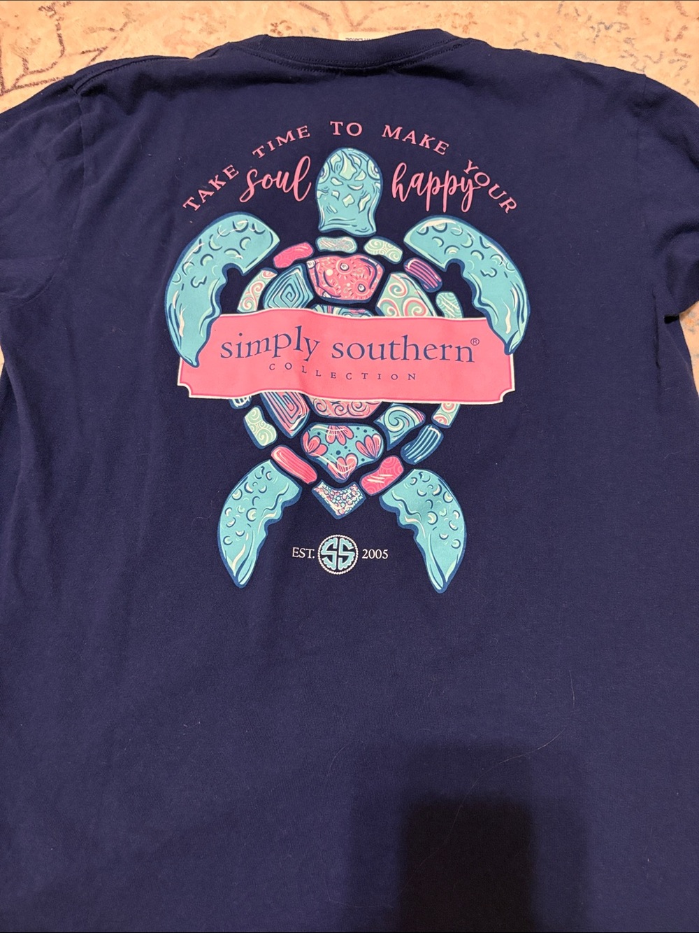 Simply Southern Navy Tee with Pink and Aqua Turtle Graphic. Girls- youth Large